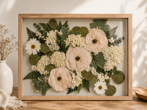 Wedding bouquet preservation frame with pressed roses, hydrangeas, ferns, and eucalyptus in a natural wood frame